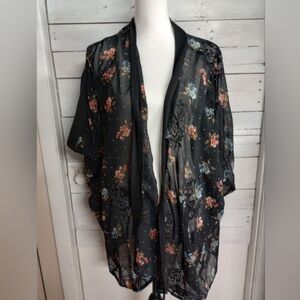 Starlet Black Floral Kimono One Size Fits Most, Open Front Boho, Semi Sheer.